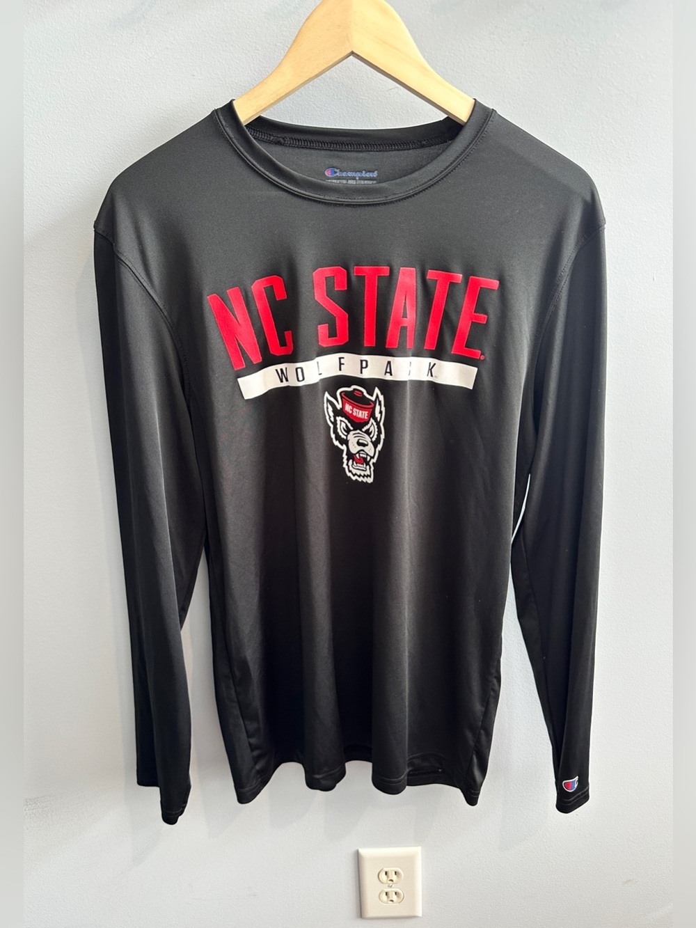 Champion NC State Black Long Sleeve Tee with Red Lettering
